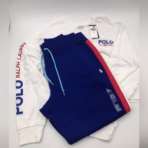 2 Pc Set Polo Ralph Lauren Blue Mult Joggers Logo Long Sleeve Tee